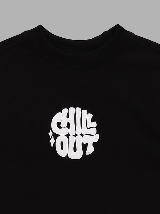 Y&F Kids Black Typographic Printed T-Shirt