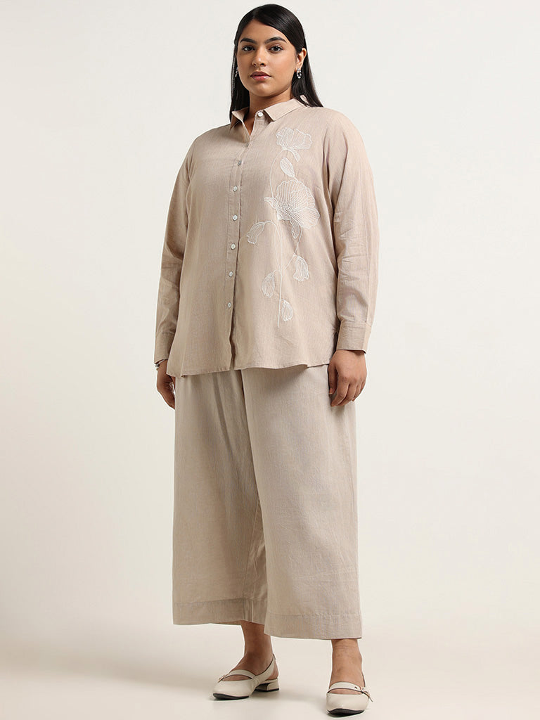 Diza Beige Embroidered Blended Linen Shirt