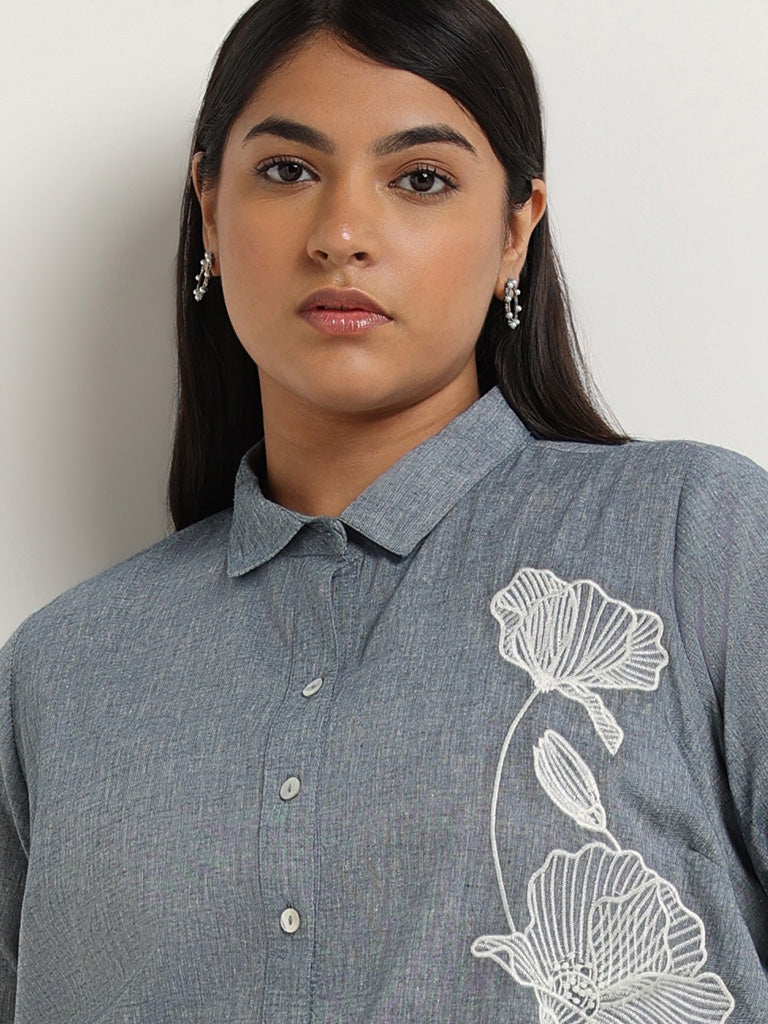 Diza Grey Embroidered Cotton Shirt