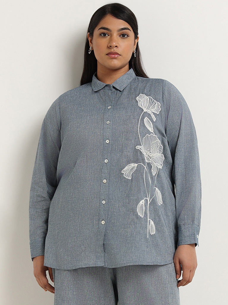Diza Grey Embroidered Cotton Shirt