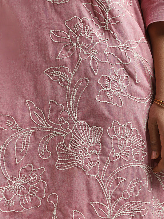 Diza Pink Floral Embroidered Kurta