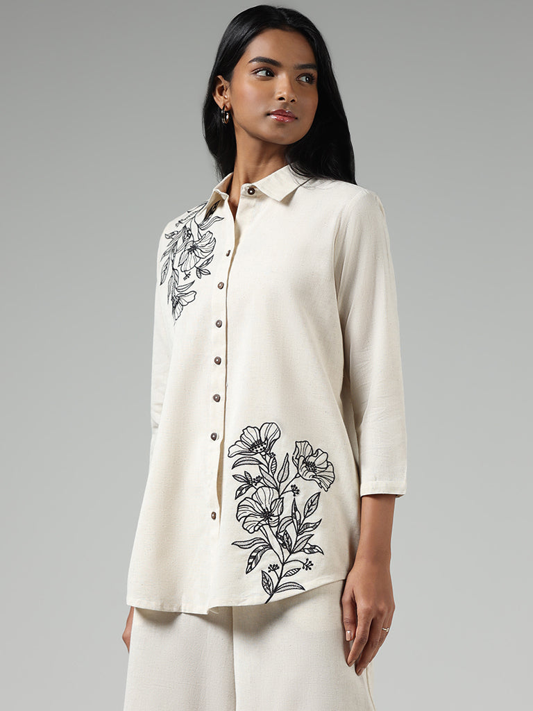 Utsa Off White Floral Embroidered Blended Linen Shirt