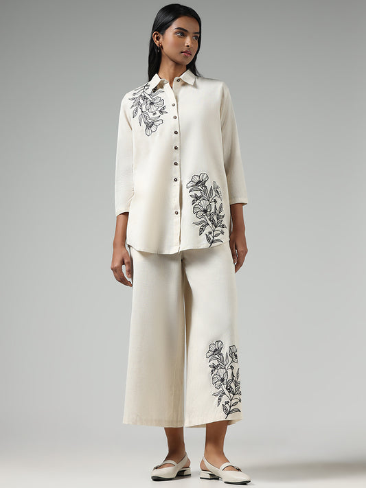 Utsa Off White Floral Embroidered Blended Linen Shirt
