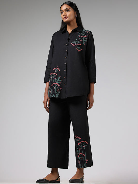 Utsa Black Floral Embroidered Cotton Blend Tunic