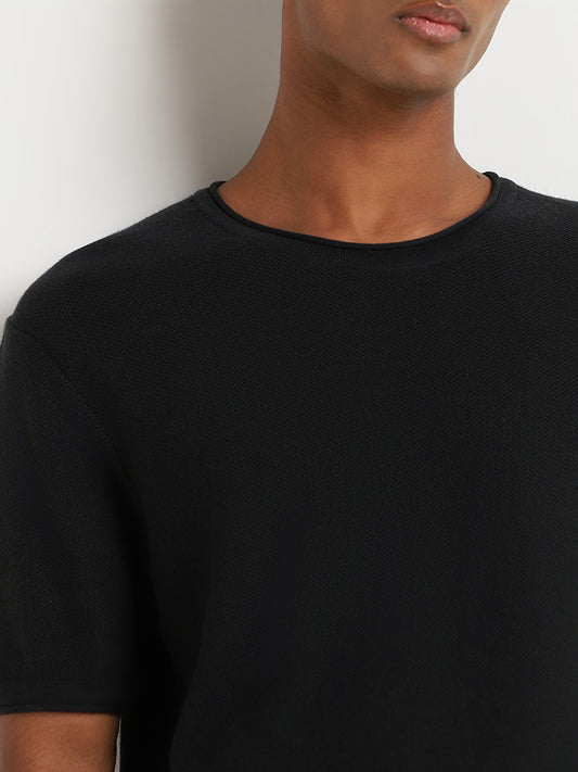 ETA Black Self Patterned Slim Fit T-Shirt