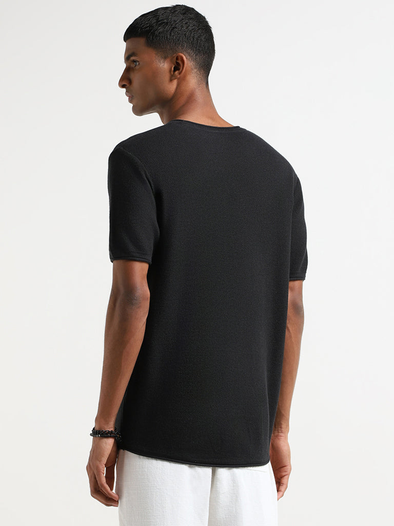 ETA Black Self Patterned Slim Fit T-Shirt