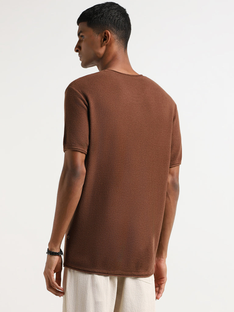 ETA Dark Brown Self Patterned Cotton Slim Fit T-Shirt