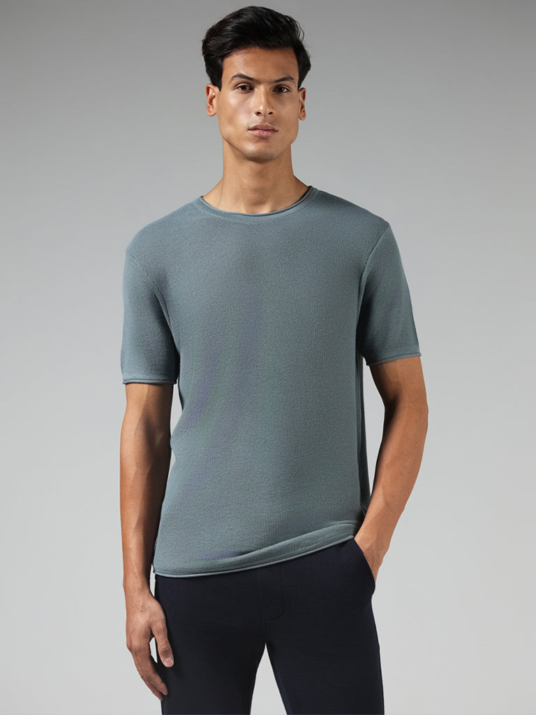 ETA Solid Teal Cotton Blend Slim Fit T-Shirt
