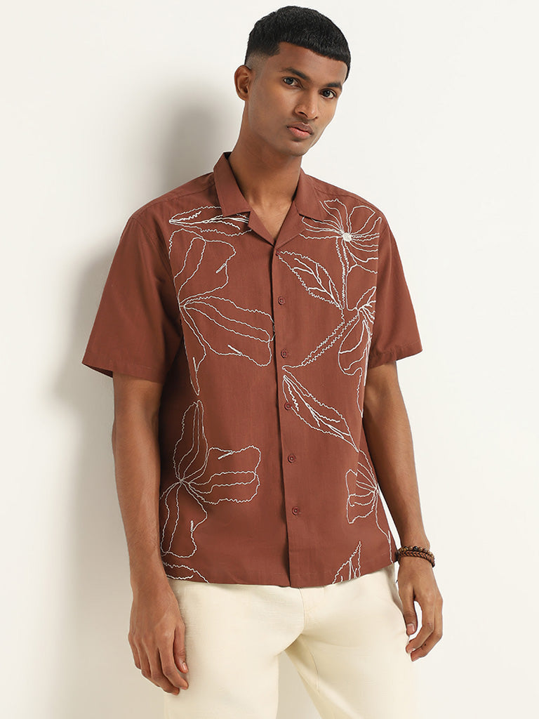 ETA Brown Embroidered Cotton Relaxed Fit Shirt