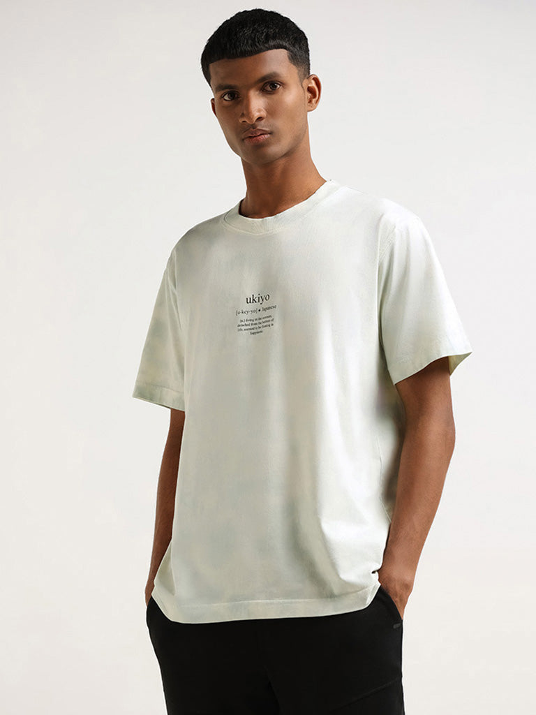 Studiofit Off White Printed Cotton Relaxed Fit T-Shirt