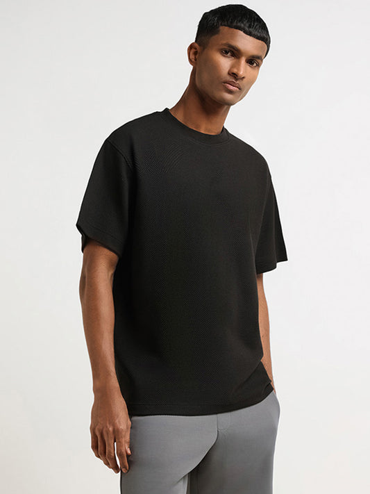 Studiofit Black Self Pattern Relaxed Fit T-Shirt