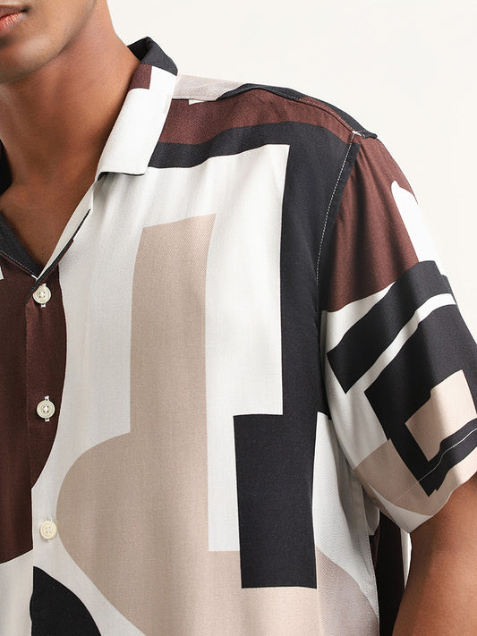 Nuon Brown Abstract Printed Relaxed Fit Shirt