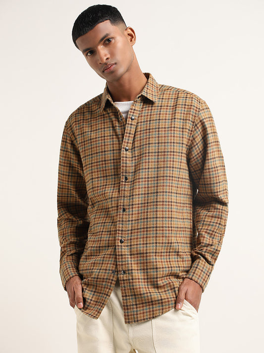 Nuon Brown Checked Relaxed Fit Shirt