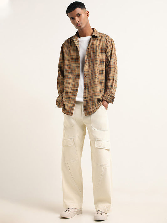 Nuon Brown Checked Cotton Relaxed Fit Shirt