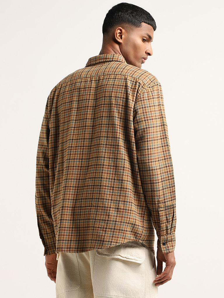 Nuon Brown Checked Cotton Relaxed Fit Shirt