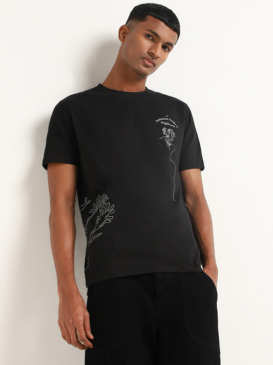 Nuon Black Embroidered Cotton Slim Fit T-Shirt