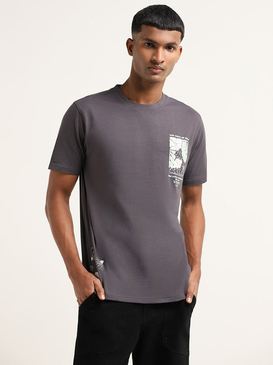 Nuon Grey Embroidered Cotton Slim Fit T-Shirt
