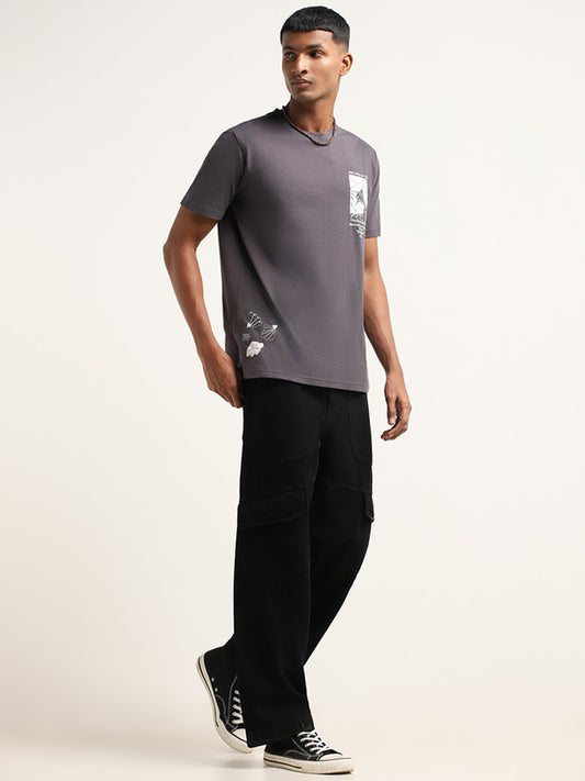 Nuon Grey Embroidered Slim Fit T-Shirt