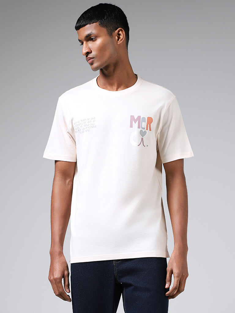 Nuon White Typographic Printed Cotton Slim Fit T-Shirt