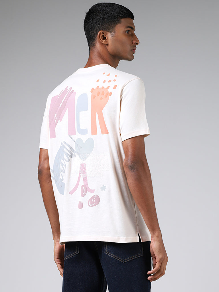 Nuon White Typographic Printed Cotton Slim Fit T-Shirt