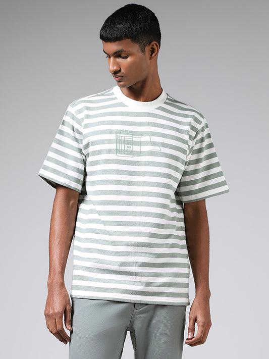 Nuon Sage Green & White Striped Cotton Relaxed Fit T-Shirt