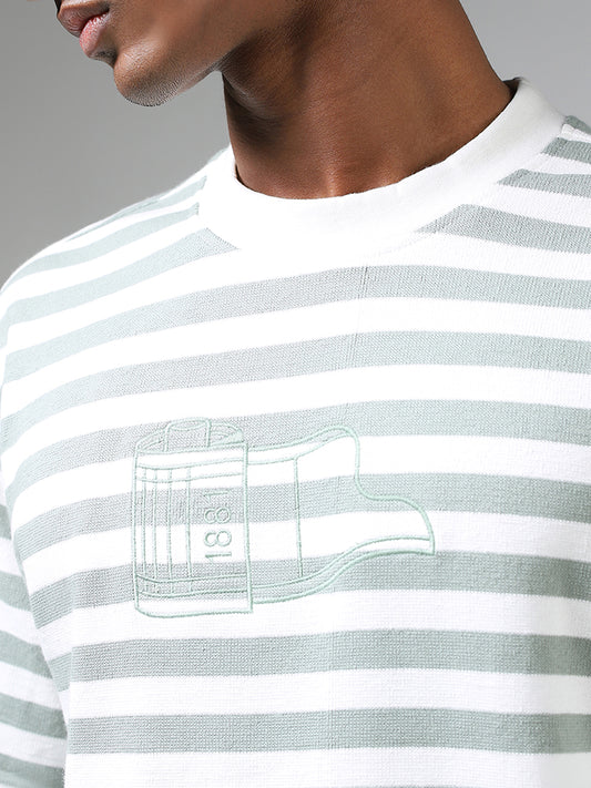 Nuon Sage Green & White Striped Cotton Relaxed Fit T-Shirt