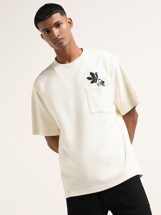 Nuon Off White Knitted Embroidered Relaxed Fit T-Shirt