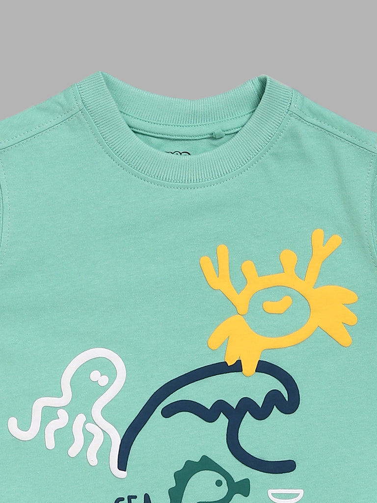 HOP Kids Sea Animal Printed Green T-Shirt