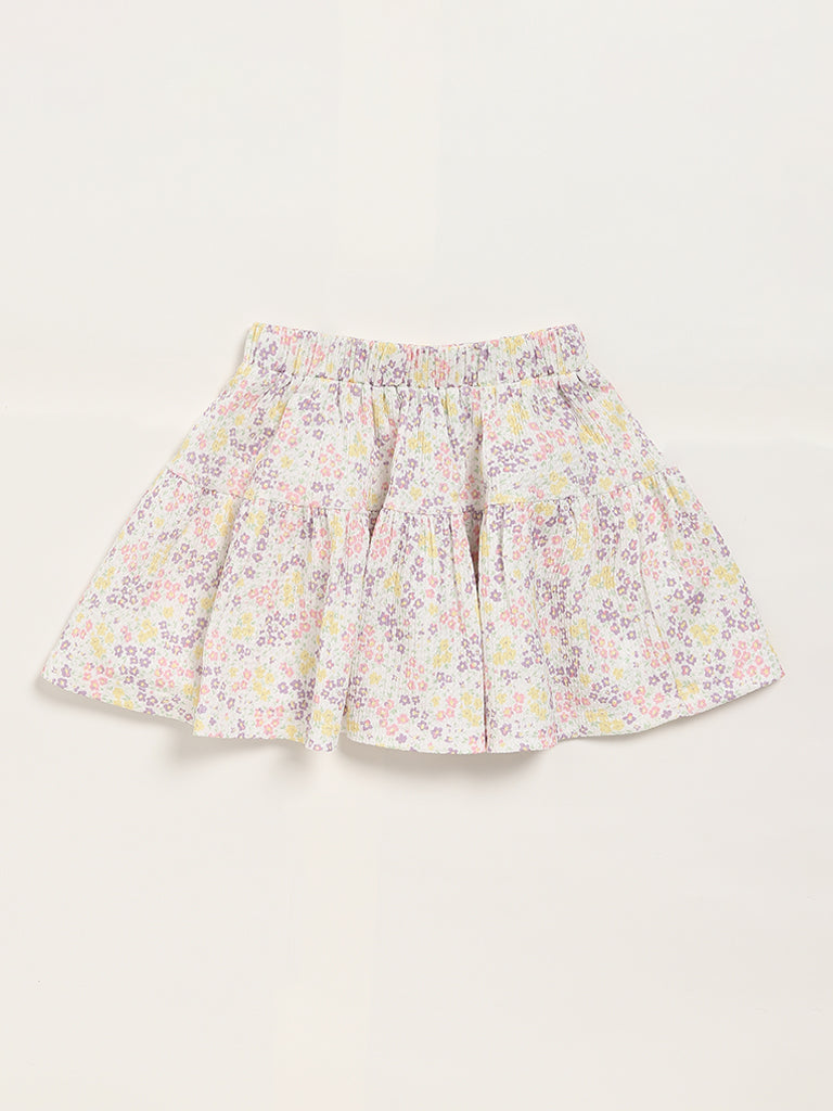 HOP Kids Floral Print White Pleated Skirt