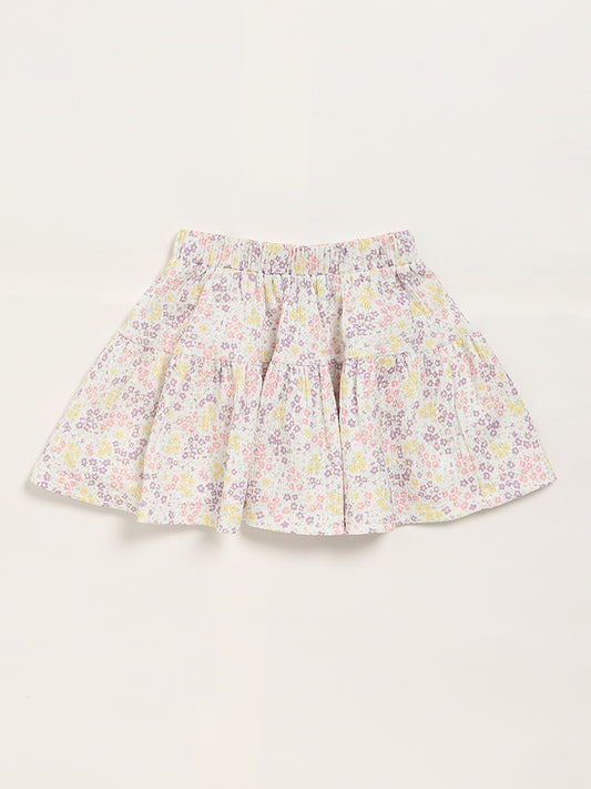 HOP Kids Floral Print White Pleated Skirt