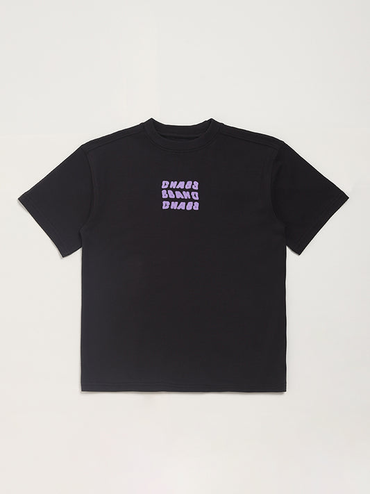 Y&F Kids Black Contrast Printed T-Shirt