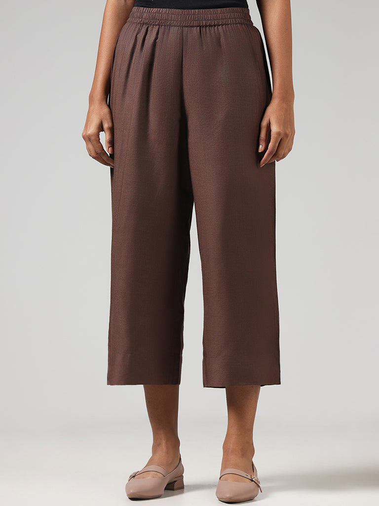Zuba Solid Brown Ankle Length Palazzos