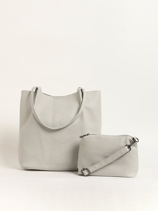 LOV Grey Quilted Tote Bag & Pouch Set