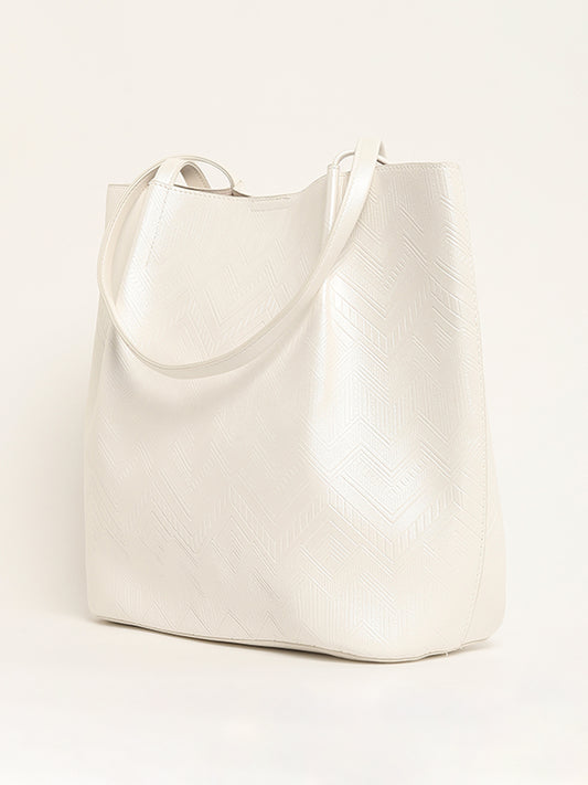 LOV White Quilted Chevron Tote Bag & Pouch Set