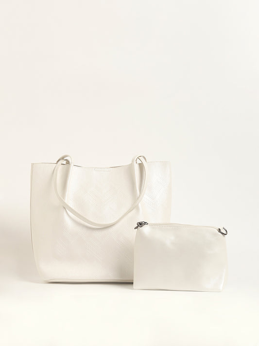 LOV White Quilted Chevron Tote Bag & Pouch Set