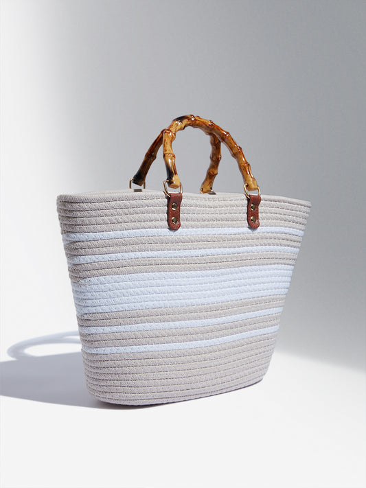 LOV White & Beige Woven Textured Hand Bag