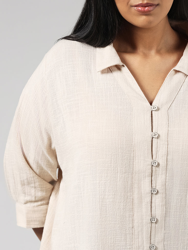 Gia Solid Beige Cotton High-Low Shirt