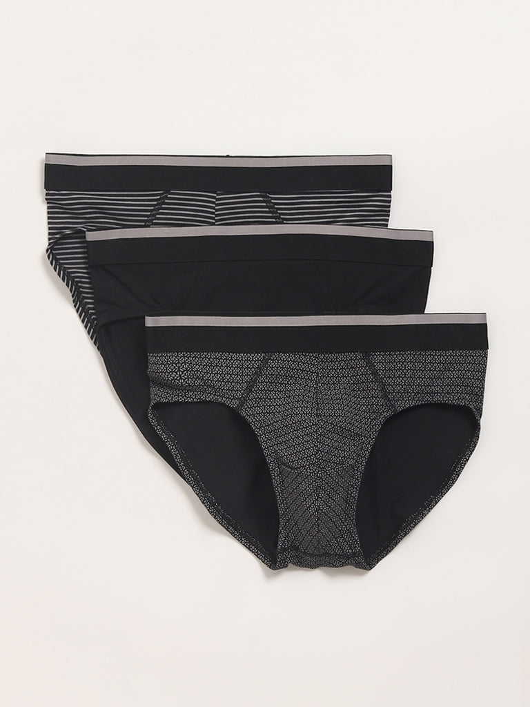 WES Lounge Black Printed Cotton Briefs - Pack of 3
