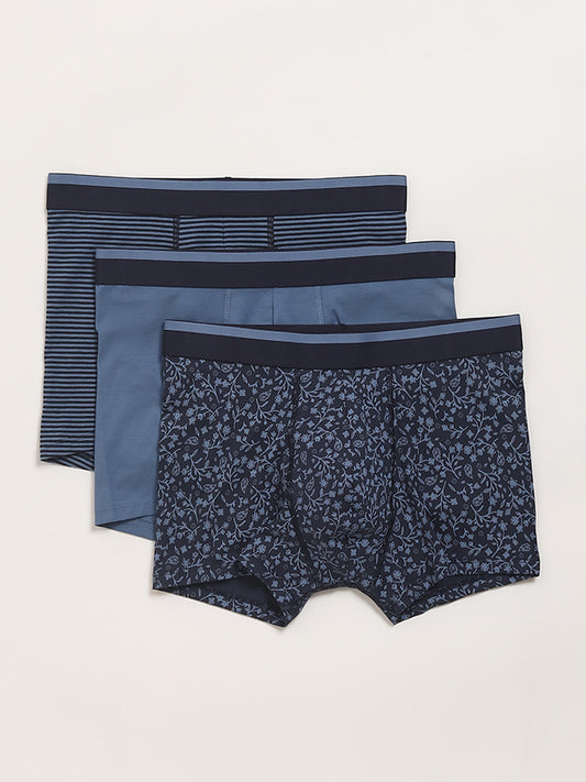 WES Lounge Blue Printed Trunks - Pack of 3