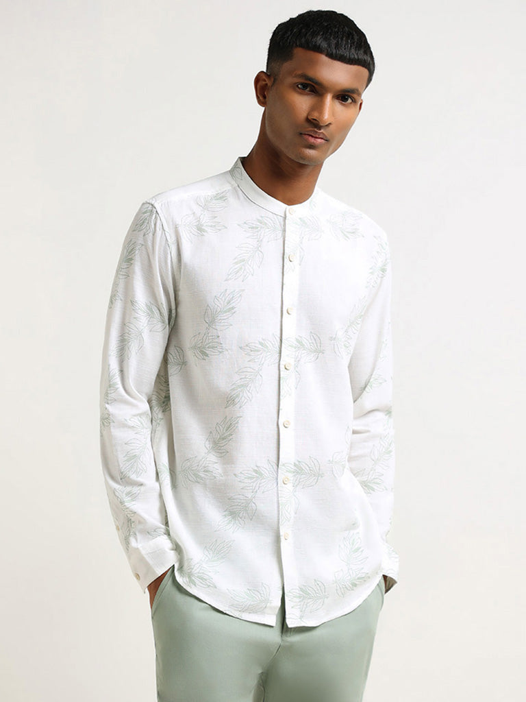 ETA Off White Leaf Printed Cotton Resort Fit Shirt
