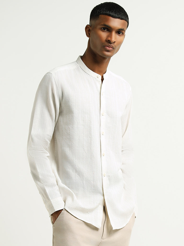 ETA Off White Solid Cotton Resort Fit Shirt