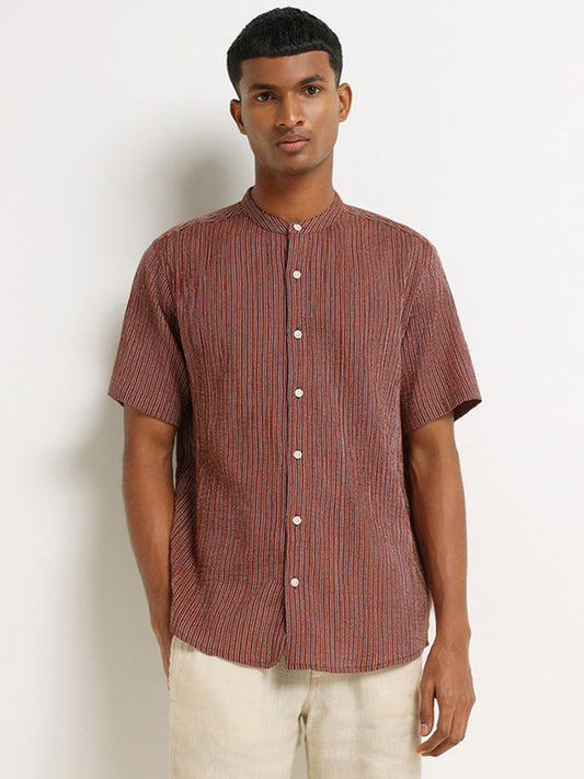 ETA Brown Striped Crinkled Cotton Resort Fit Shirt
