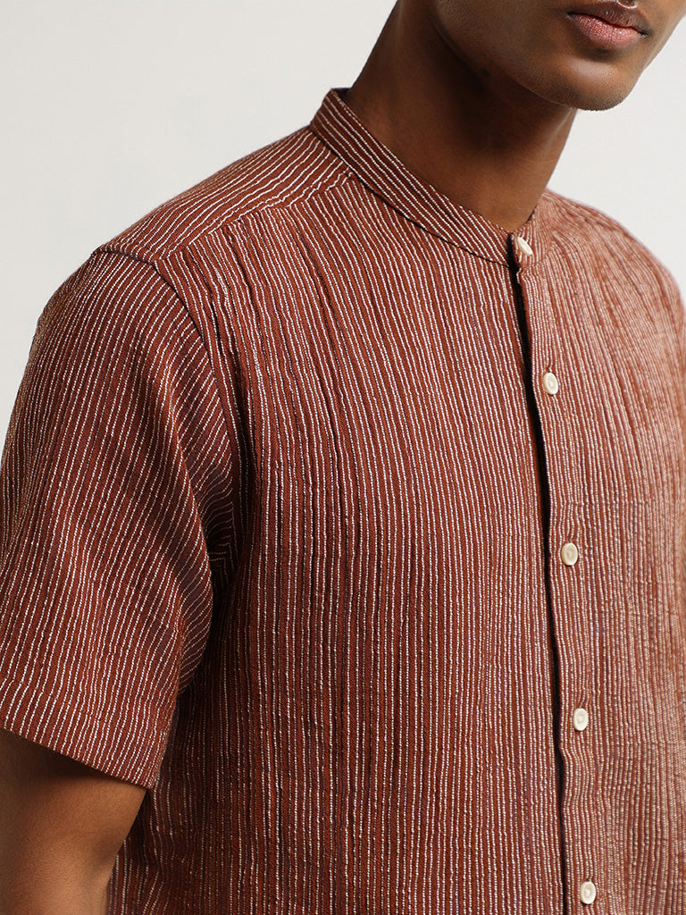 ETA Brown Striped Crinkled Resort Fit Shirt