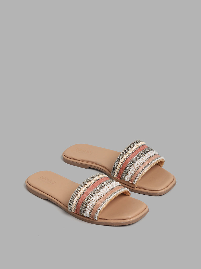 LUNA BLU Coral & Beige Toned Beaded Sandals