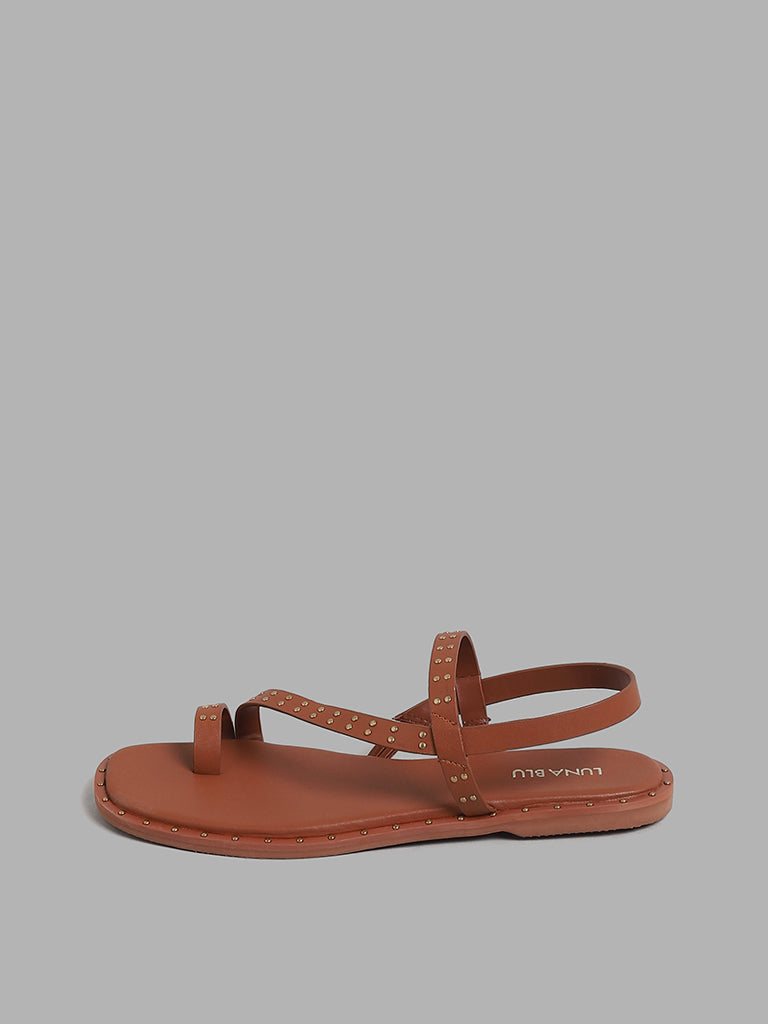 LUNA BLU Stud-Detailed Brown Strappy Sandals