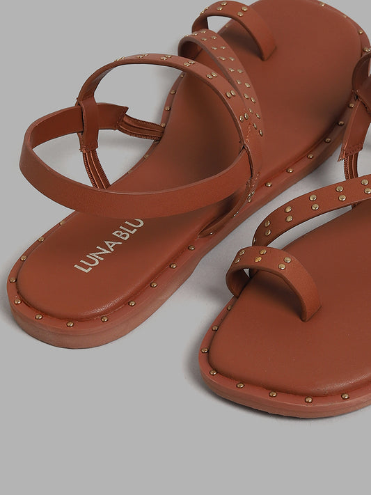 LUNA BLU Stud-Detailed Brown Strappy Sandals
