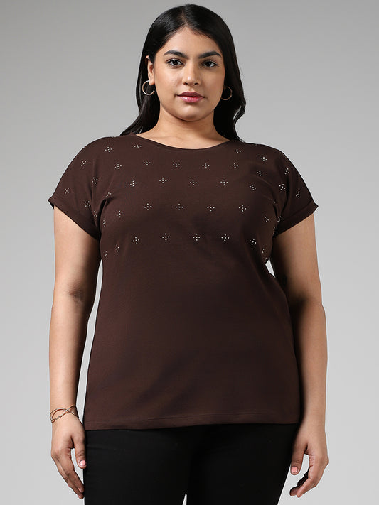 Gia Brown Embellished Cotton T-Shirt