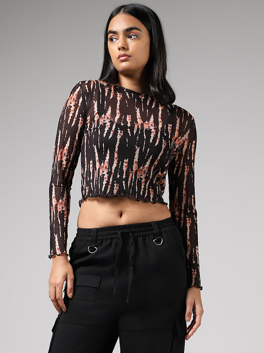 Nuon Black Abstract Printed Mesh Crop Top