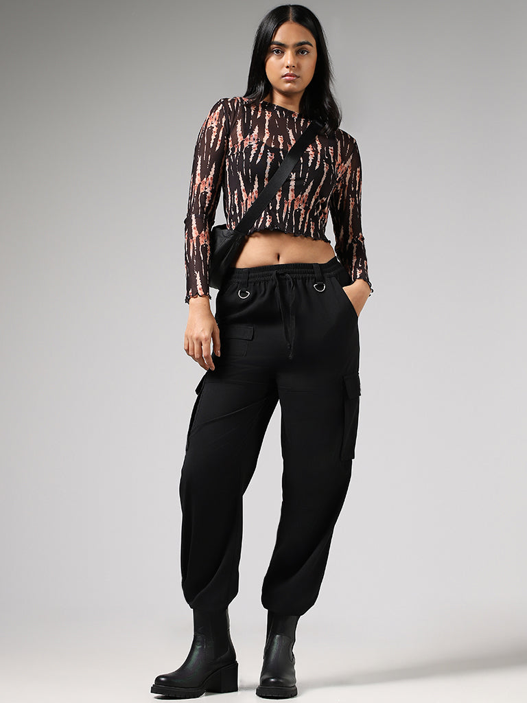 Nuon Black Abstract Printed Mesh Crop Top