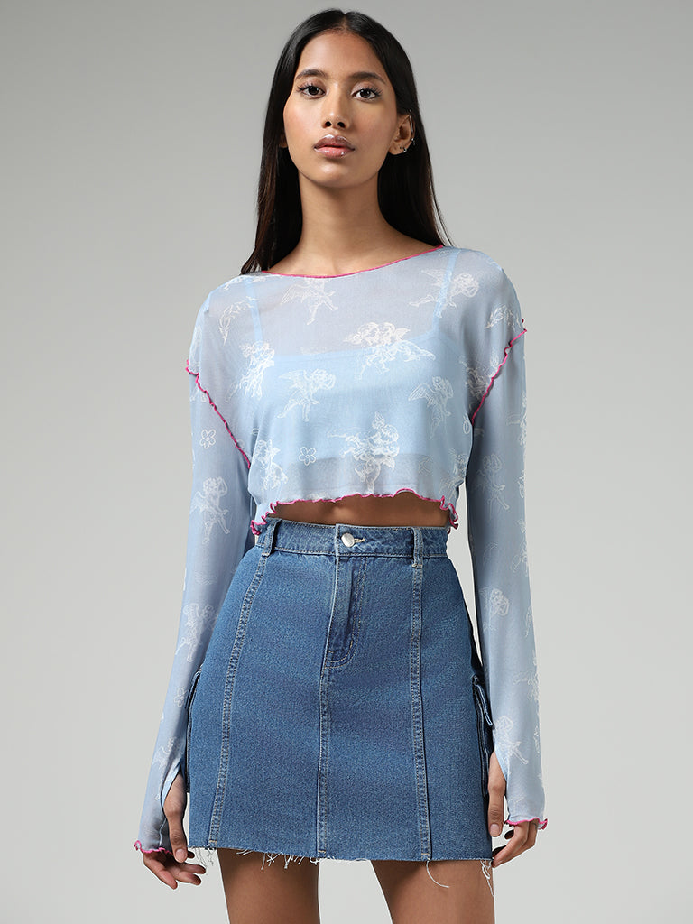 Nuon Light Blue Abstract Printed Mesh Crop Top